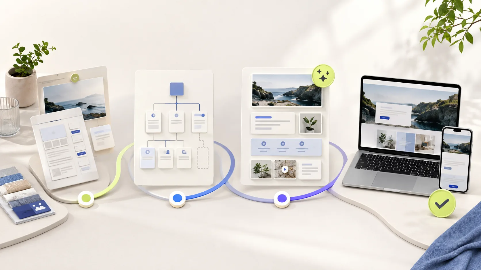 AI-assisted website workflow from brief and sitemap to content blocks, desktop and mobile review, and final approval