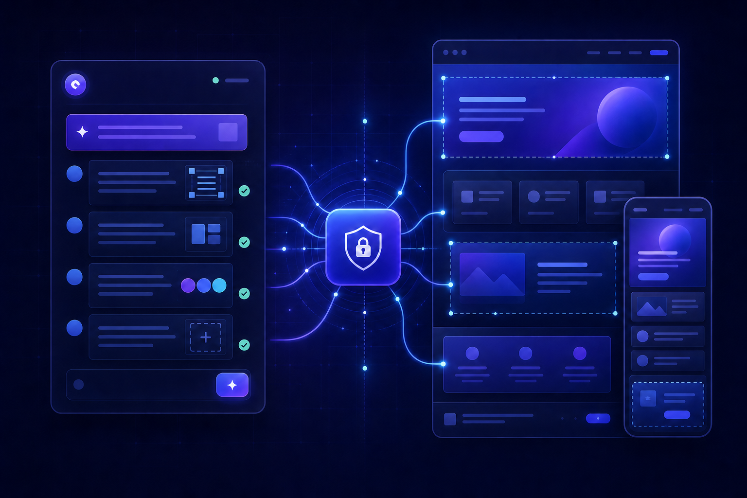 Abstract AI assistant securely connected through MCP to desktop and mobile website builder canvases