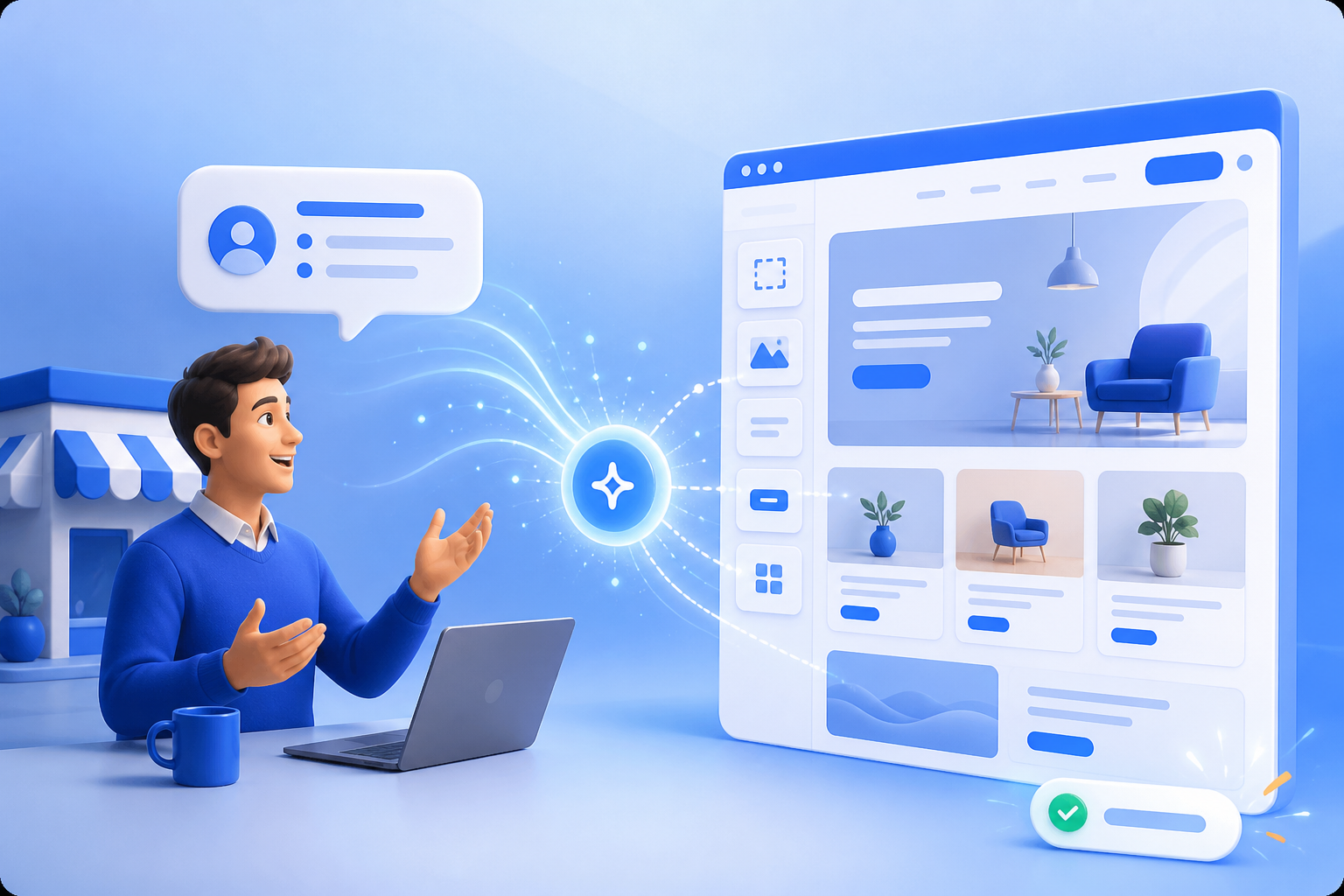 A business owner describes an idea while Webetter turns it into a structured website builder canvas
