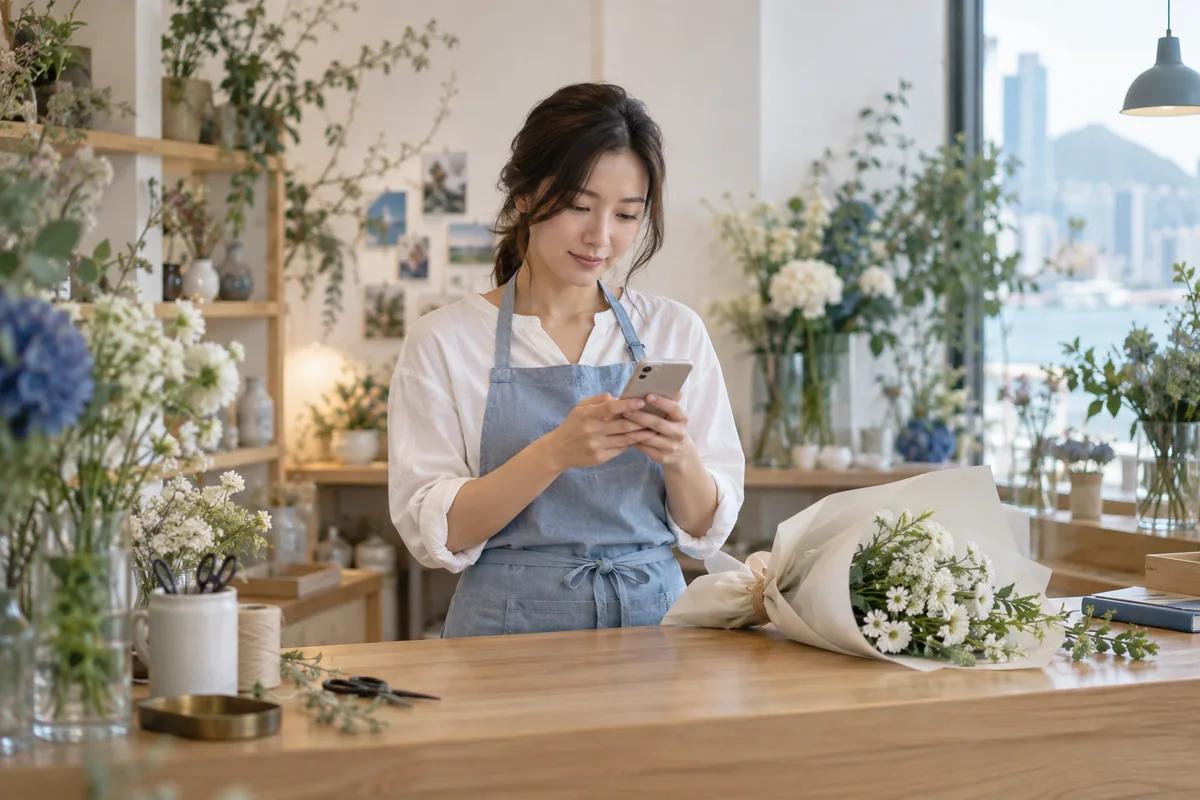 AI-created illustration of a florist checking enquiries on her phone.